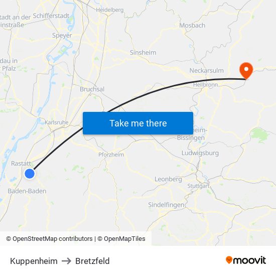 Kuppenheim to Bretzfeld map