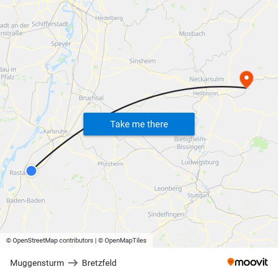 Muggensturm to Bretzfeld map