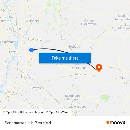 Sandhausen to Bretzfeld map