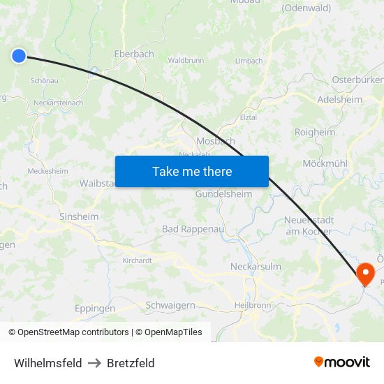 Wilhelmsfeld to Bretzfeld map