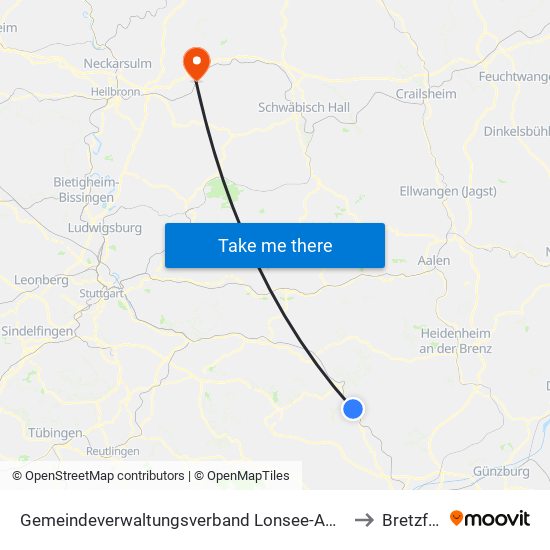 Gemeindeverwaltungsverband Lonsee-Amstetten to Bretzfeld map