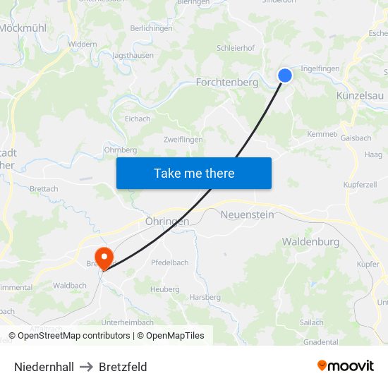 Niedernhall to Bretzfeld map