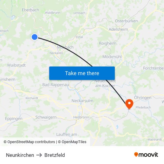 Neunkirchen to Bretzfeld map