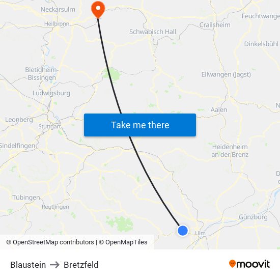 Blaustein to Bretzfeld map