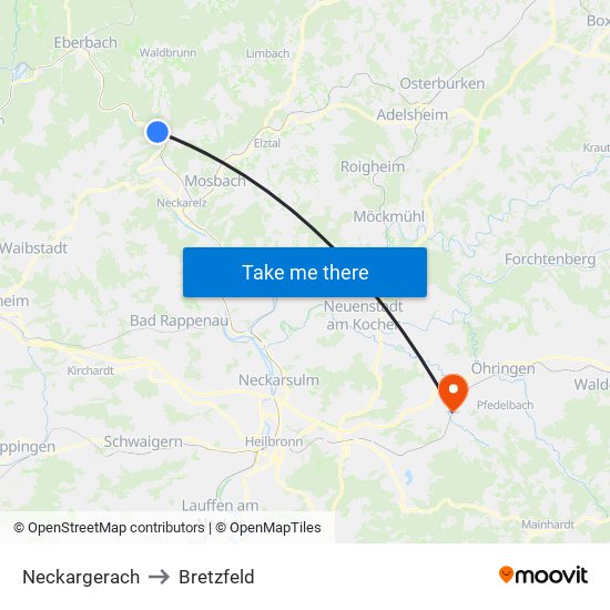 Neckargerach to Bretzfeld map