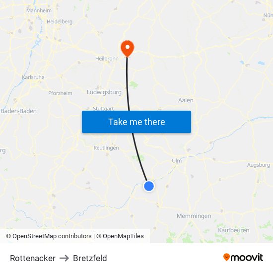 Rottenacker to Bretzfeld map