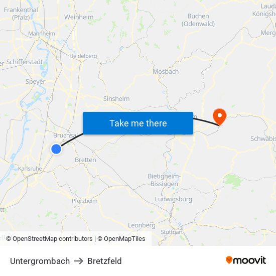 Untergrombach to Bretzfeld map