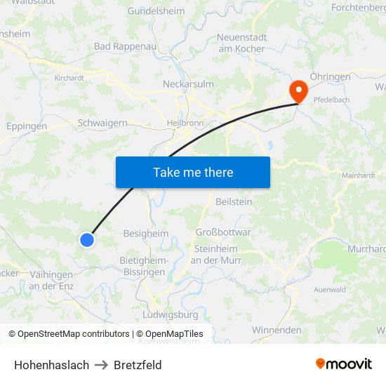 Hohenhaslach to Bretzfeld map