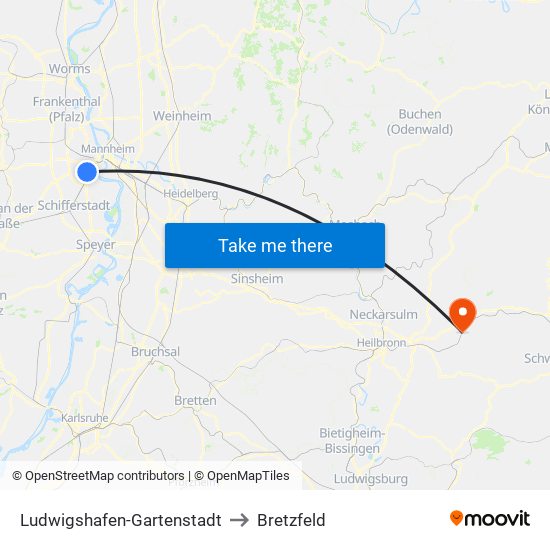 Ludwigshafen-Gartenstadt to Bretzfeld map