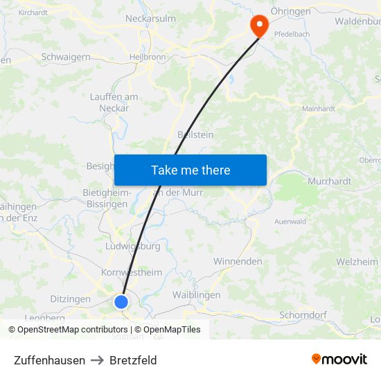 Zuffenhausen to Bretzfeld map