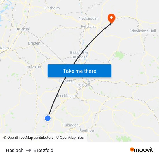 Haslach to Bretzfeld map