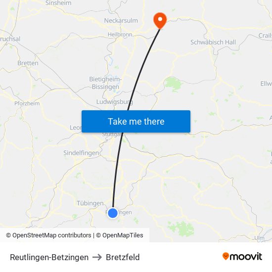 Reutlingen-Betzingen to Bretzfeld map