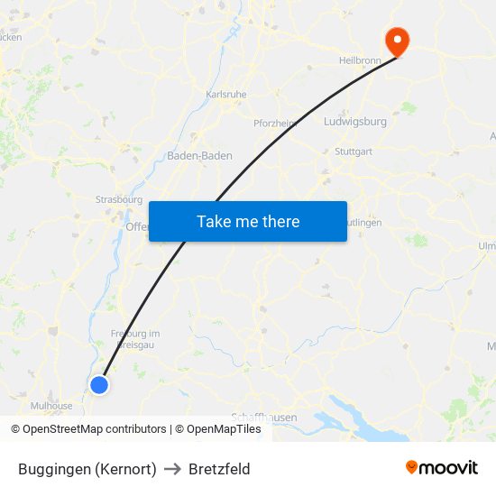 Buggingen (Kernort) to Bretzfeld map