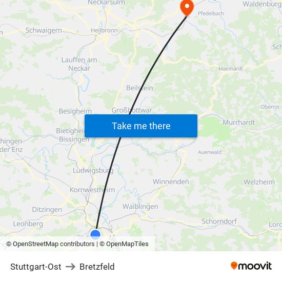Stuttgart-Ost to Bretzfeld map