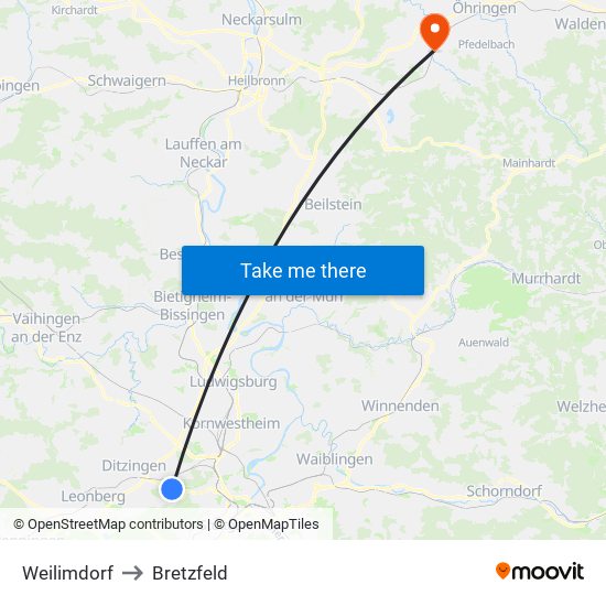 Weilimdorf to Bretzfeld map