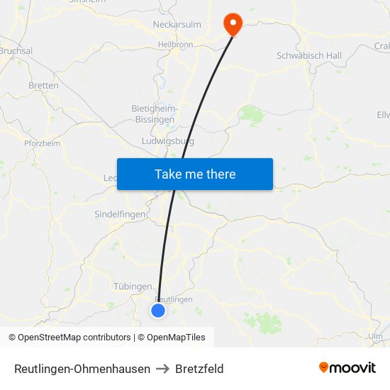 Reutlingen-Ohmenhausen to Bretzfeld map