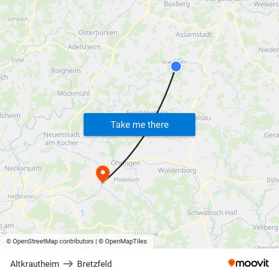 Altkrautheim to Bretzfeld map