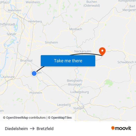 Diedelsheim to Bretzfeld map