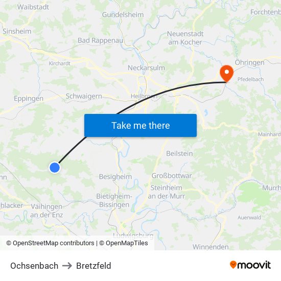 Ochsenbach to Bretzfeld map