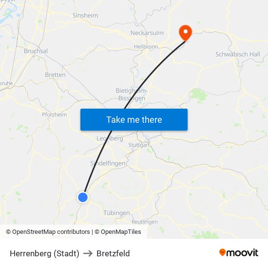 Herrenberg (Stadt) to Bretzfeld map