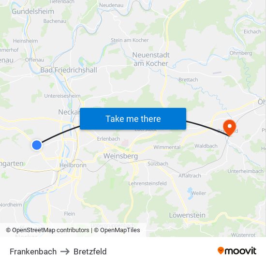 Frankenbach to Bretzfeld map