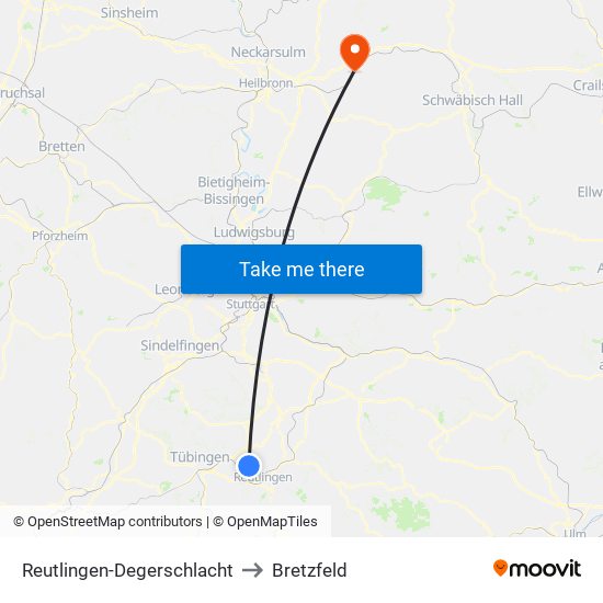 Reutlingen-Degerschlacht to Bretzfeld map