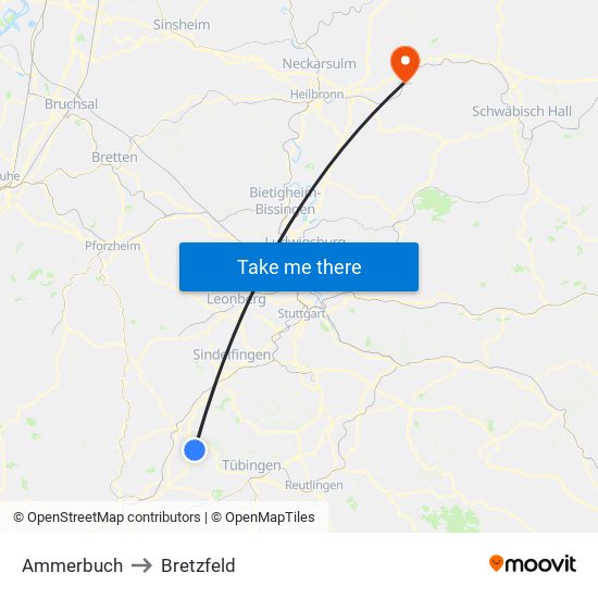 Ammerbuch to Bretzfeld map