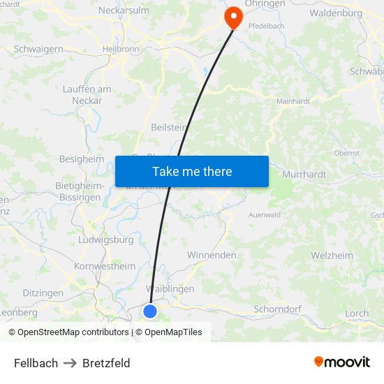 Fellbach to Bretzfeld map