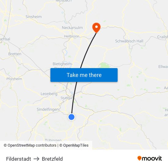 Filderstadt to Bretzfeld map