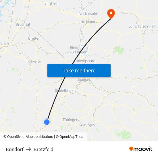 Bondorf to Bretzfeld map