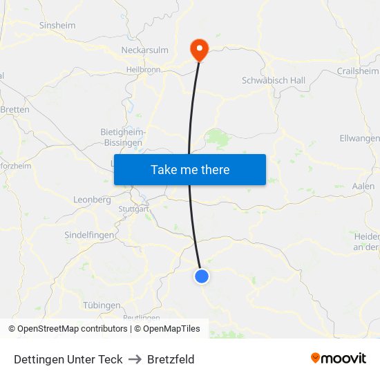 Dettingen Unter Teck to Bretzfeld map