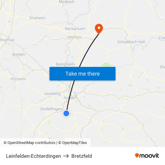 Leinfelden-Echterdingen to Bretzfeld map