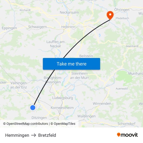 Hemmingen to Bretzfeld map