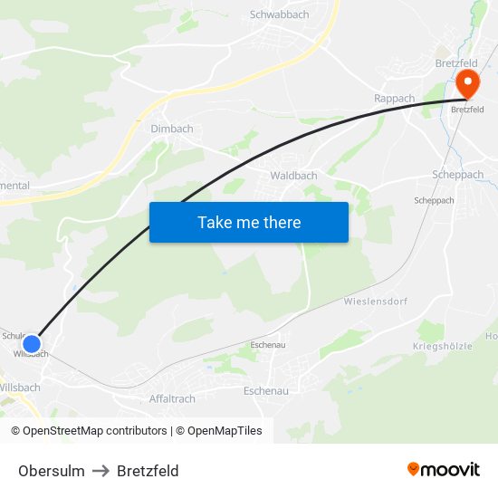 Obersulm to Bretzfeld map