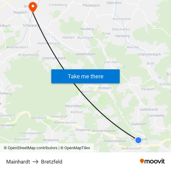 Mainhardt to Bretzfeld map