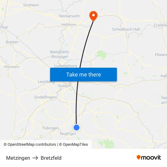 Metzingen to Bretzfeld map
