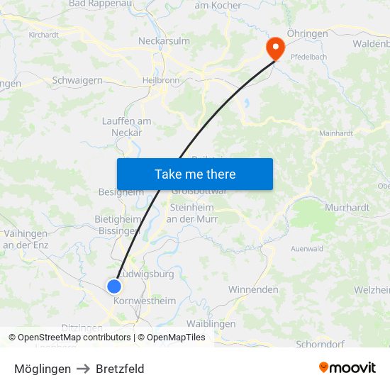 Möglingen to Bretzfeld map