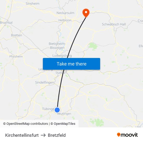 Kirchentellinsfurt to Bretzfeld map