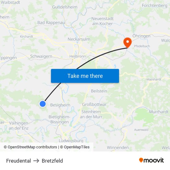 Freudental to Bretzfeld map