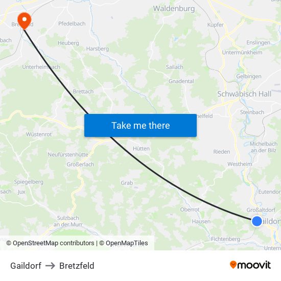 Gaildorf to Bretzfeld map