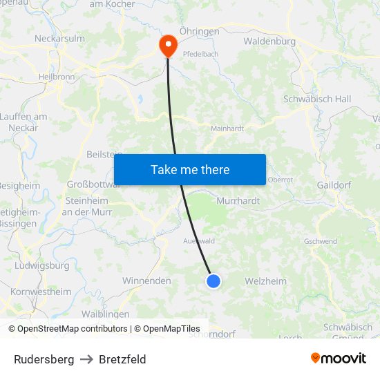 Rudersberg to Bretzfeld map