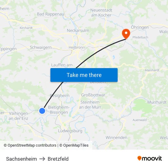 Sachsenheim to Bretzfeld map