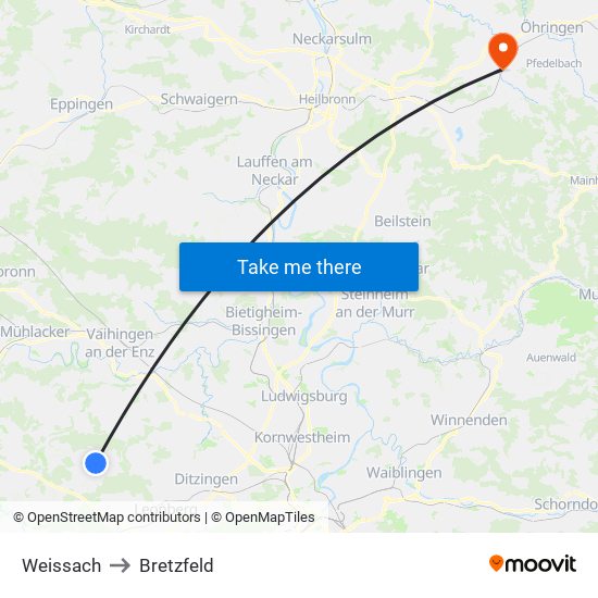 Weissach to Bretzfeld map