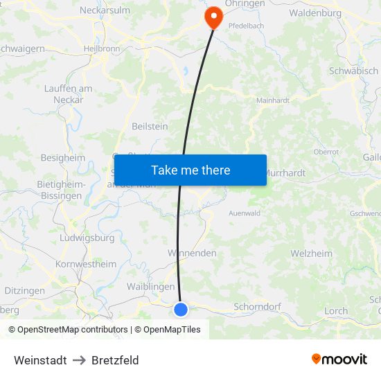 Weinstadt to Bretzfeld map