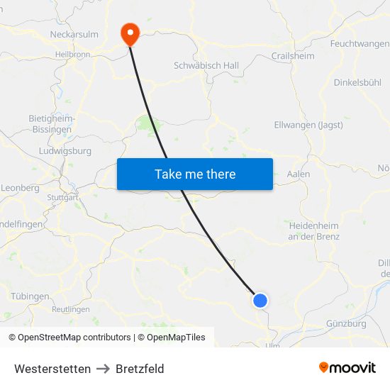 Westerstetten to Bretzfeld map