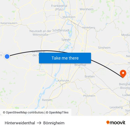 Hinterweidenthal to Bönnigheim map