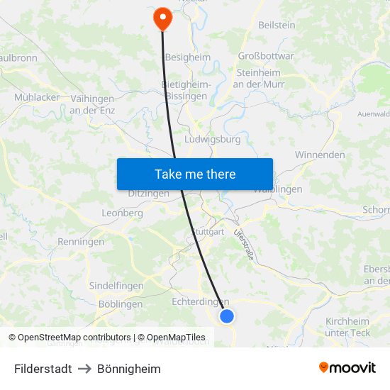 Filderstadt to Bönnigheim map