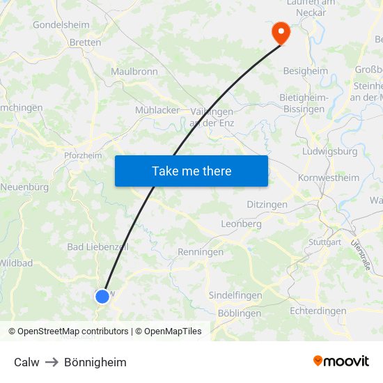 Calw to Bönnigheim map