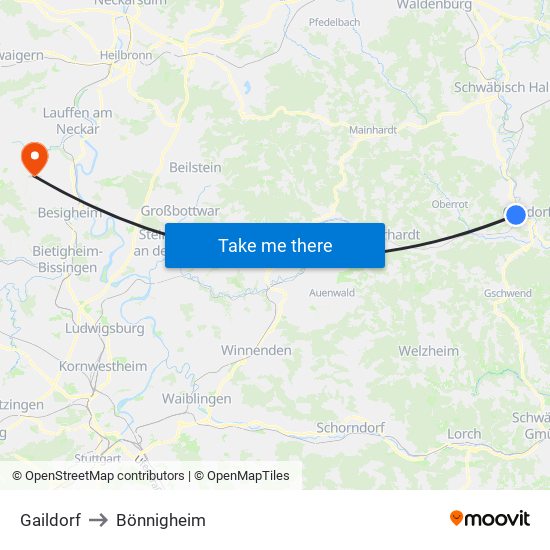 Gaildorf to Bönnigheim map