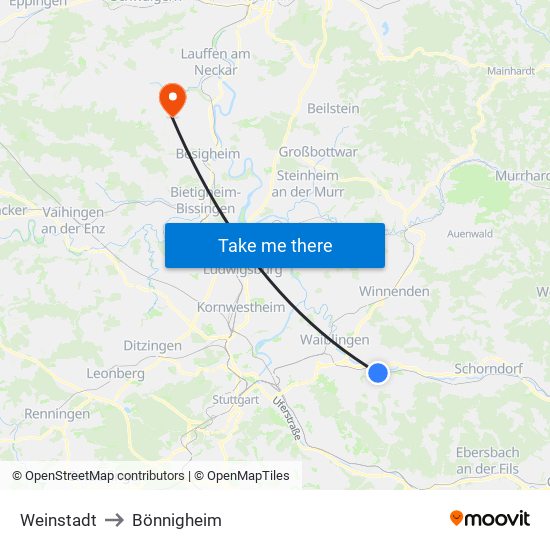 Weinstadt to Bönnigheim map